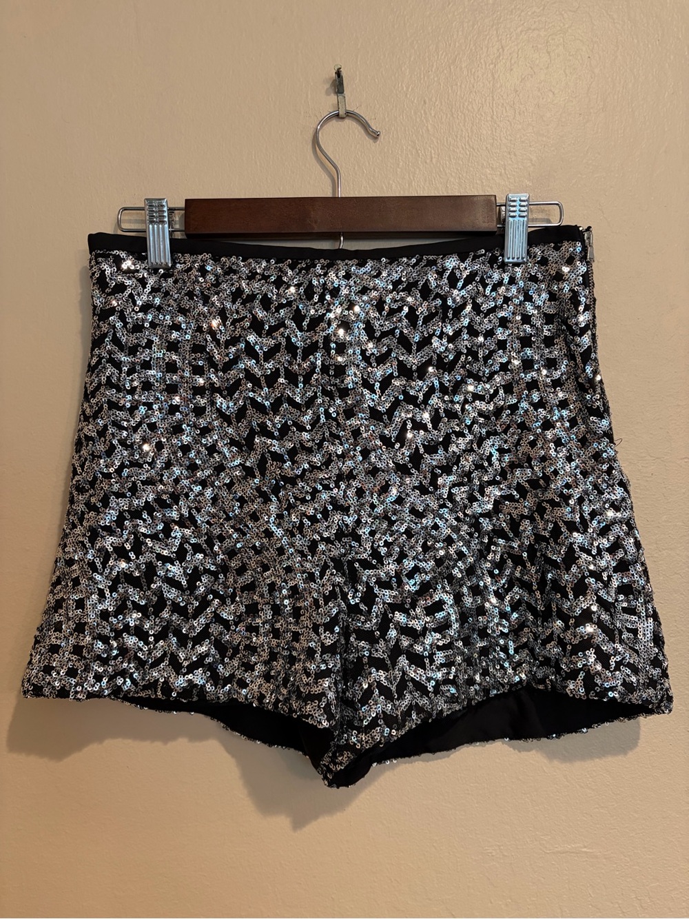 Zara Black Shorts with Silver Sequins All Over, Side Zipper, Dance & Festival